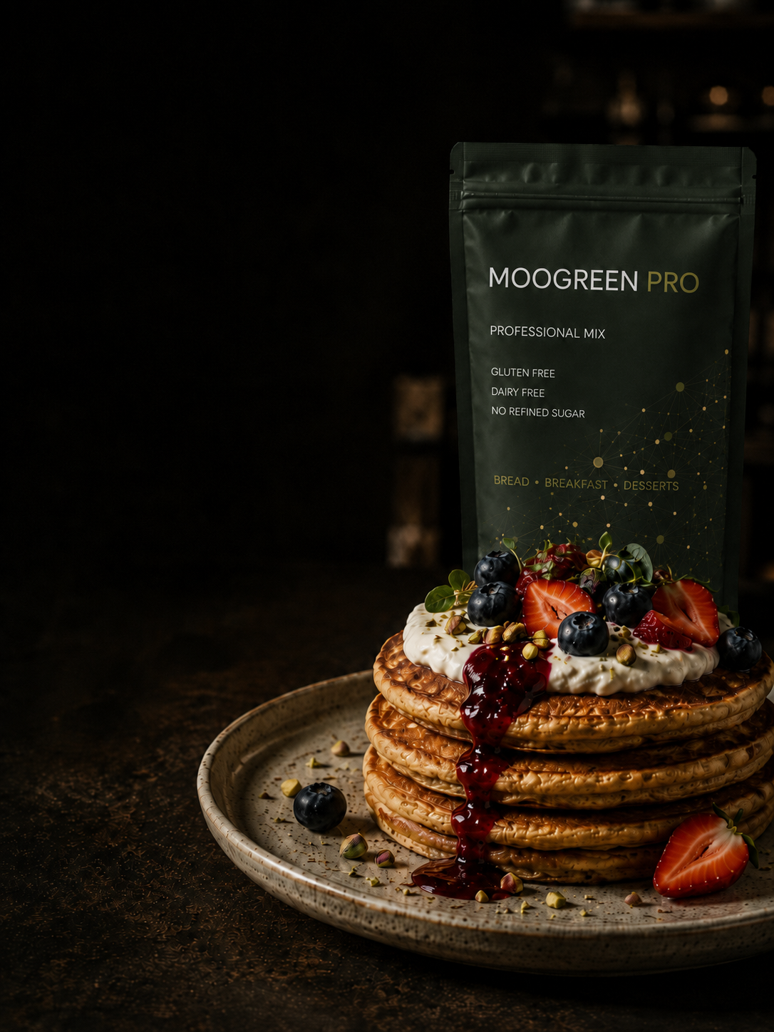 Стопка панкейков с ягодами, кремом и ягодным соусом рядом с пачкой смеси MOOGREEN PRO
